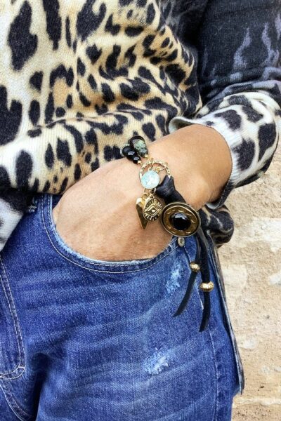 Bracelet Jasper cabochon onyx, pierres naturelles et breloques or