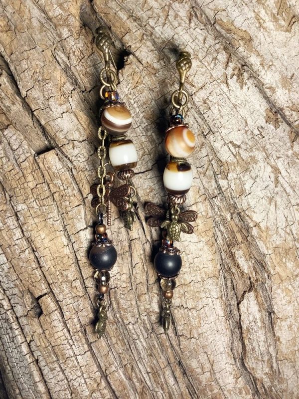 Boucles d'oreilles Tortua 3 pendants, chaîne, perles en pierre naturelle