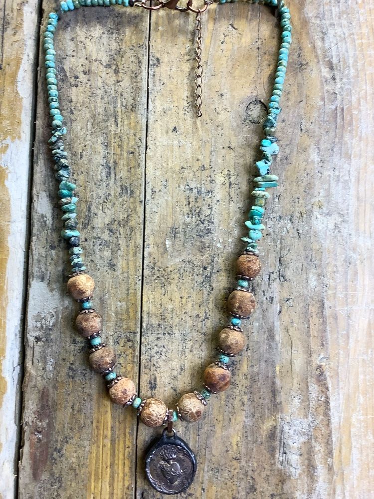 Collier Sautoir Long Perles De Turquoise Africaine Et Cornaline/jaspe - Bijou Ethnique Occasion
